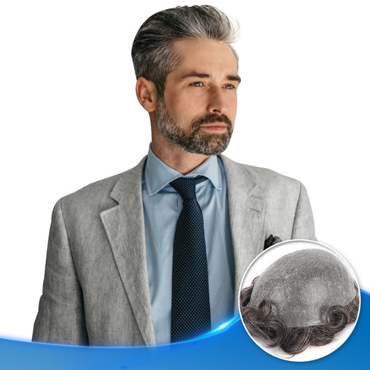 Stock Gray Hair Toupee For Men Single Knot 0.08-0.10mm Clear Poly Skin Durable and Easy to Attach #240 - Yiyohair
