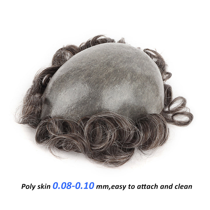 0.08-0.10mm Poly Skin Toupee Gray Hair Systems For Men V-looped True Hairline #340 - Yiyohair