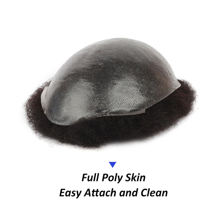 Afro American Mens Poly Skin Hair Replacement Systems 6mm Curl Human Hair Toupee - Yiyohair