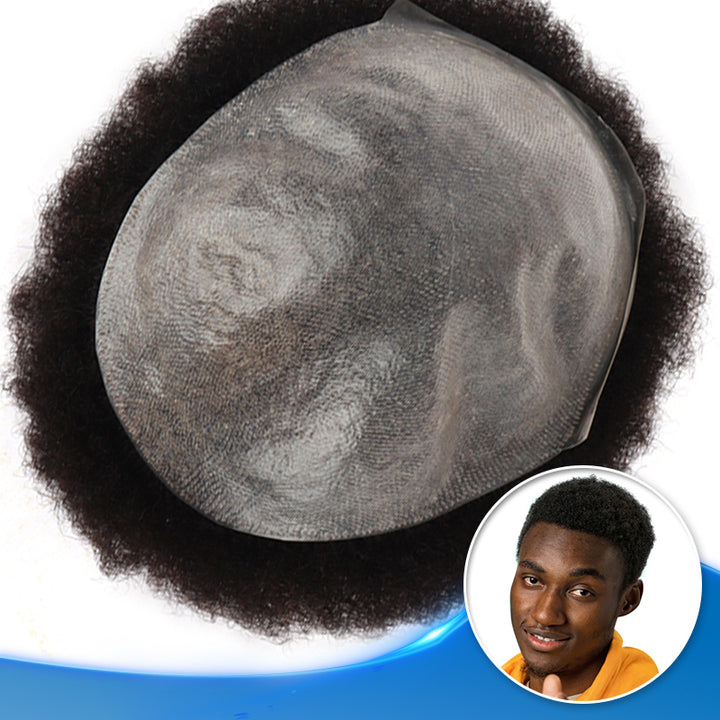Afro Toupee For Men 4mm Curl Easy to Clean and Attach Clear Poly Skin Hair Systems - Yiyohair