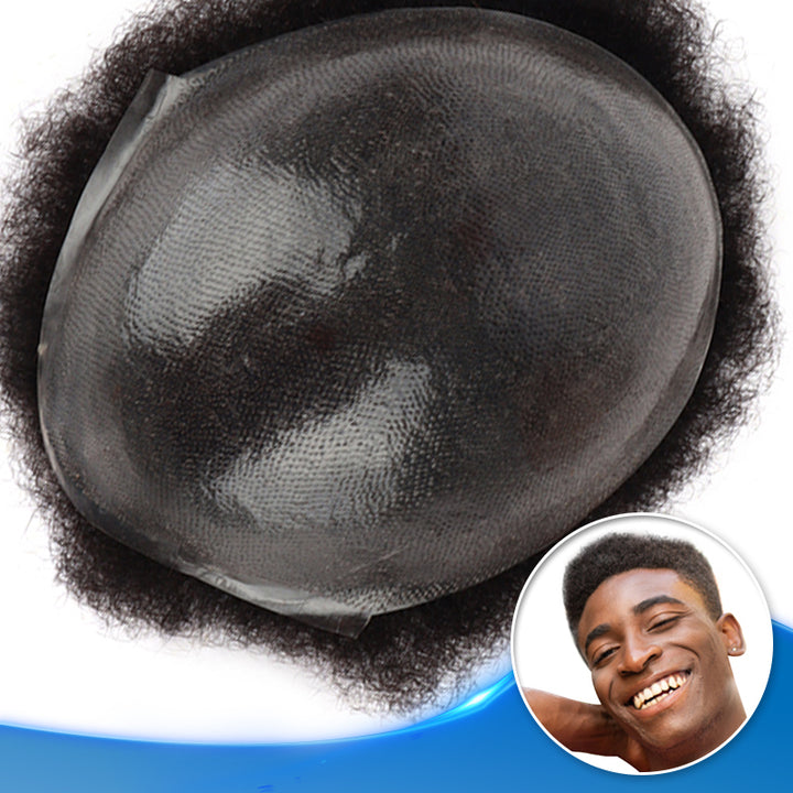 Afro American Mens Poly Skin Hair Replacement Systems 6mm Curl Human Hair Toupee - Yiyohair